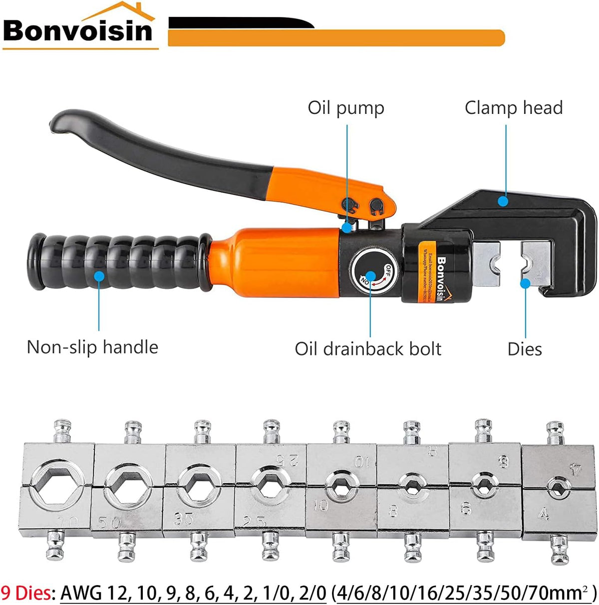 Hydraulic Wire Crimper 12-2/0 awg with 9 Dies W8881