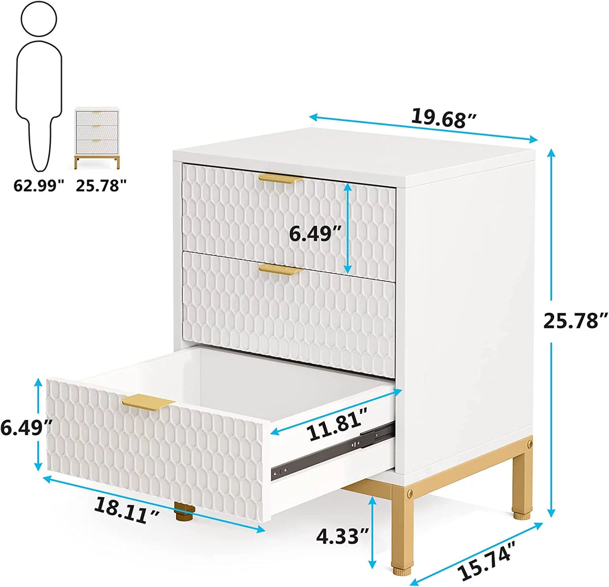 White and Gold 3 Drawer Nightstand R760303