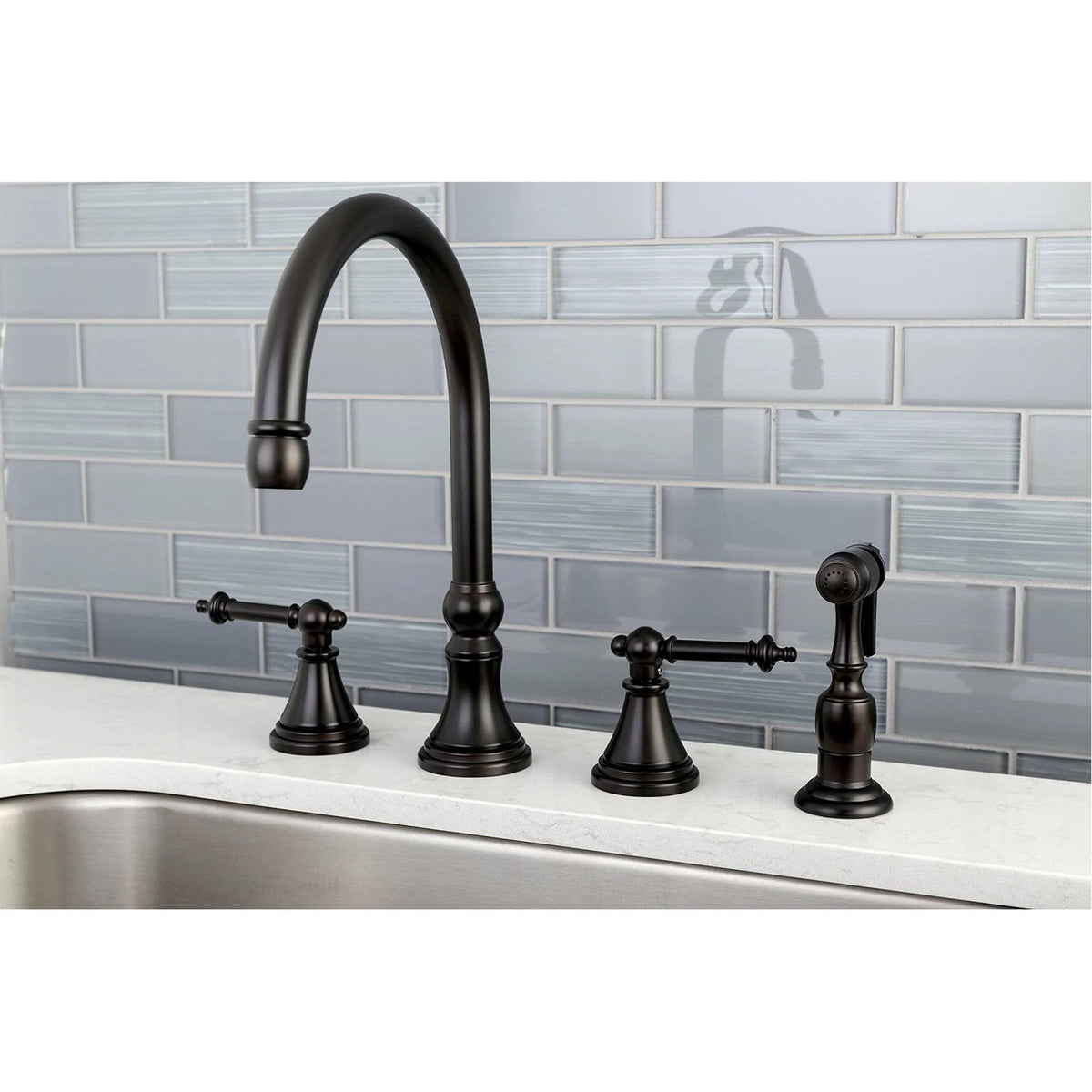 Satin Nickel Deck Mount Kitchen Faucet with Brass Sprayer G7926