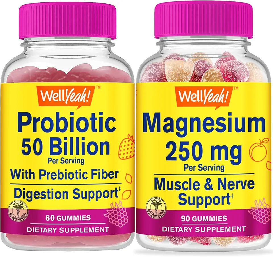 Probiotics 50B+ Prebiotics Magnesium Citrate 250mg Gummies Bundle Gluten Free GMO Free Chewable Gummy Vitamin Supplement G774551
