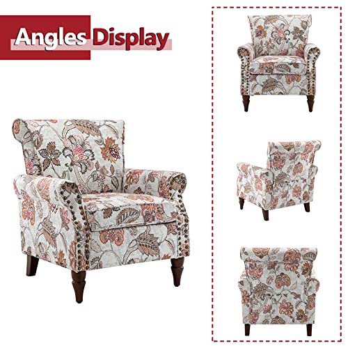Blue Floral Pattern Upholstered Accent Chair with Wood Legs I214