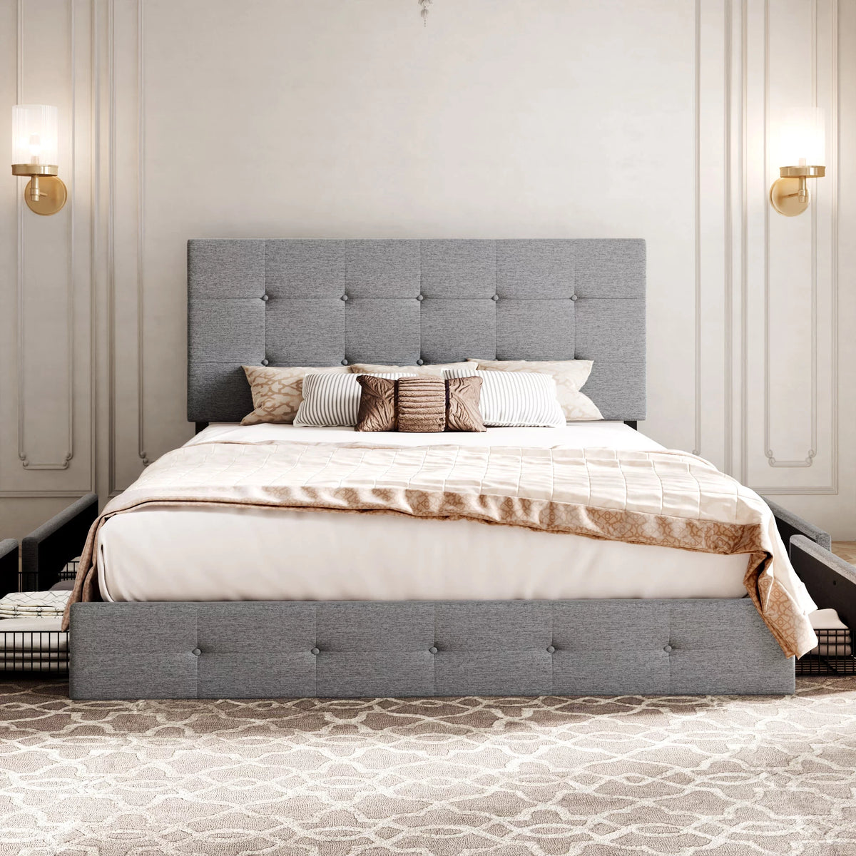 Light Grey Queen Platform Bed Frame with 4 Drawers Storage N206