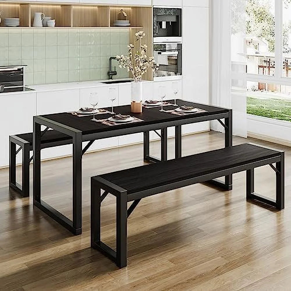 Black Dining Table Set with Two Benches R10398