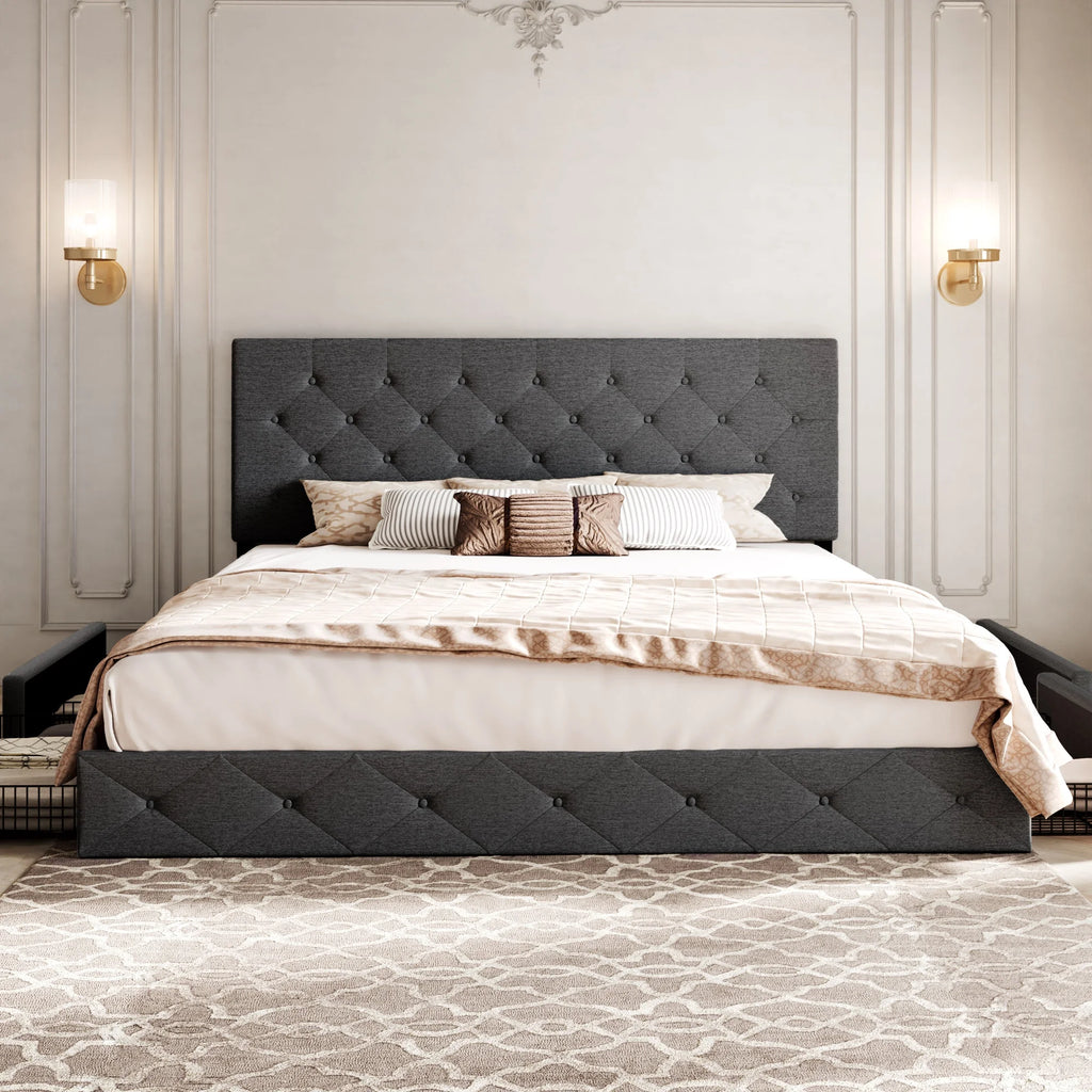 Light Grey Queen Platform Bed Frame with 4 Drawers Storage N206