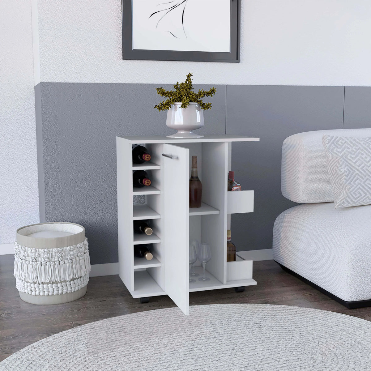 White Engineered Wood Bar Cart with 2 Side Shelves K2872