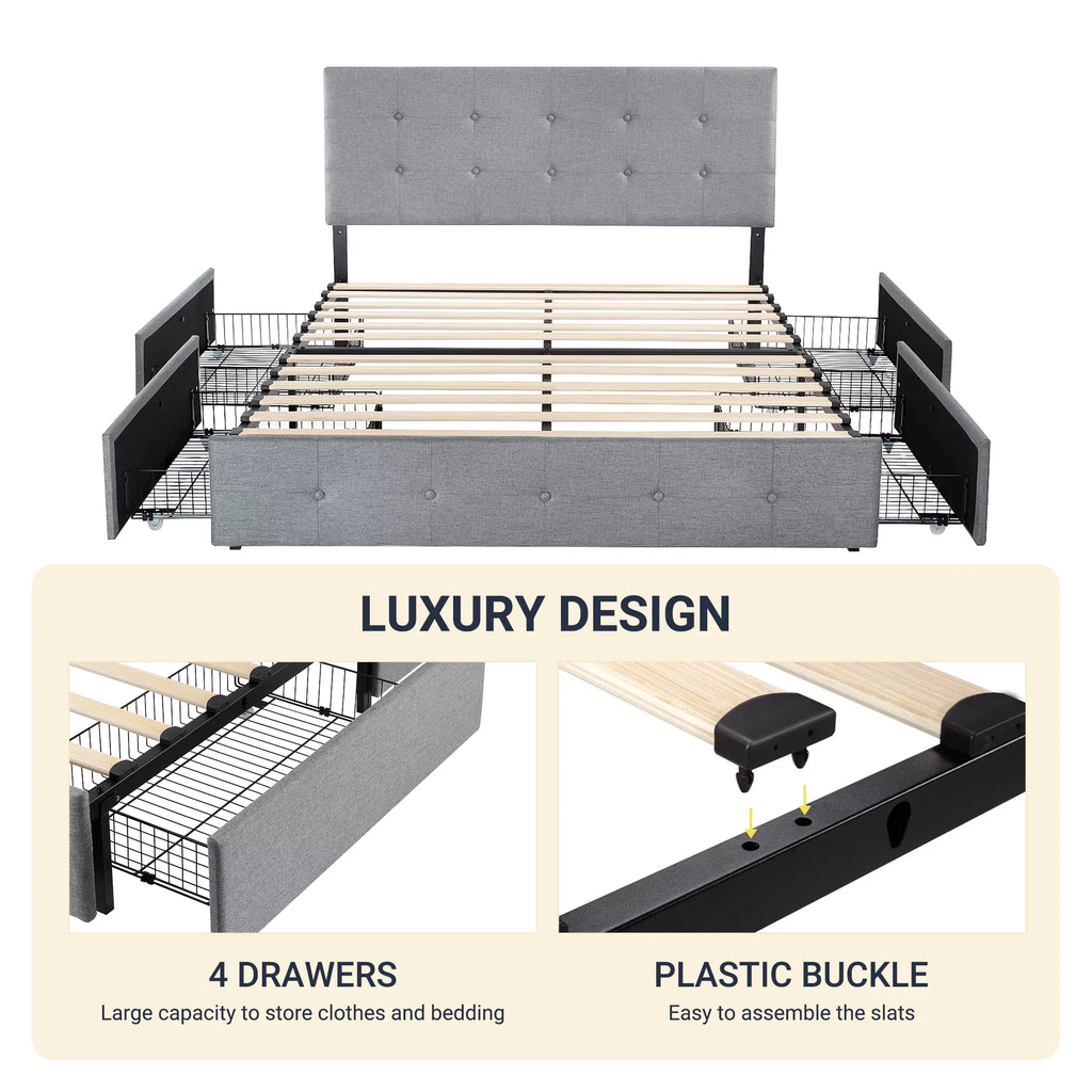 Light Grey Queen Platform Bed Frame with 4 Drawers Storage N206
