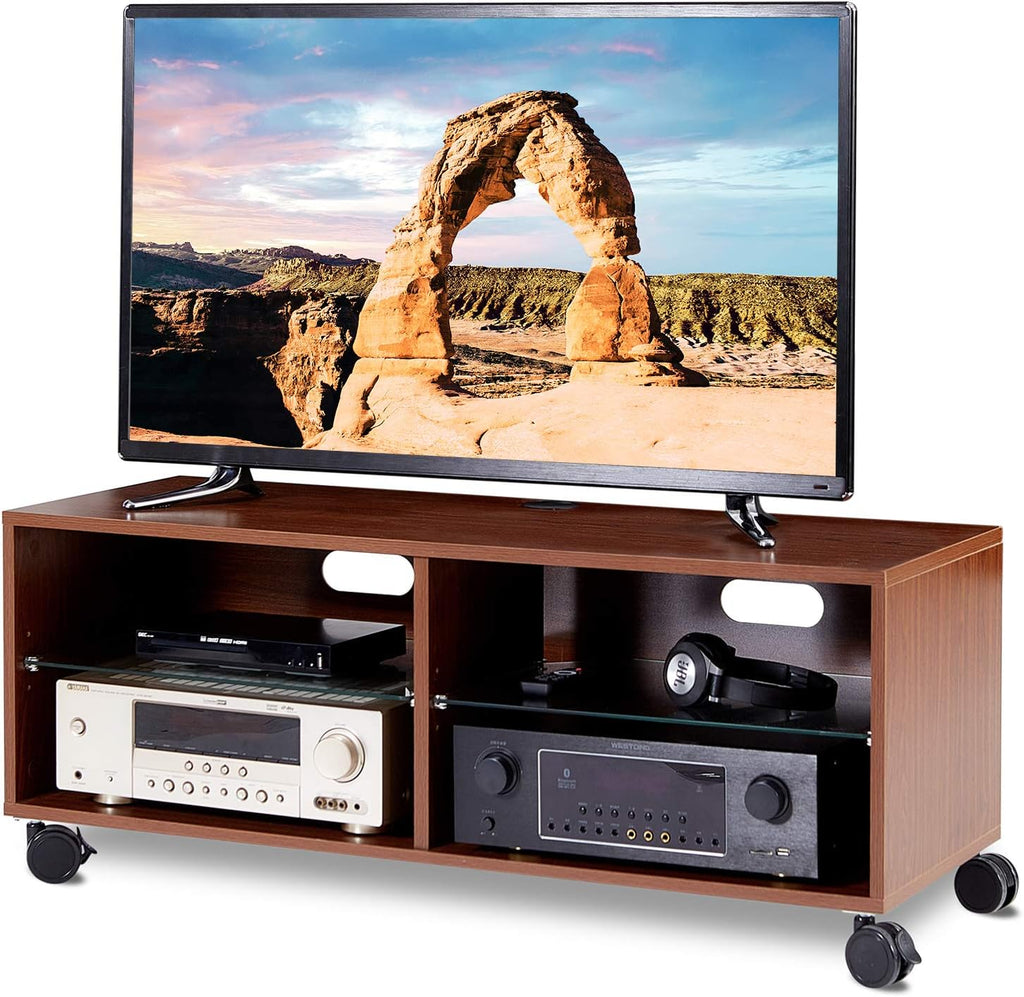 Rolling Wood Corner TV Console Stand with Wheels and Cabinets for up to 60 inch TVs, Walnut S376380