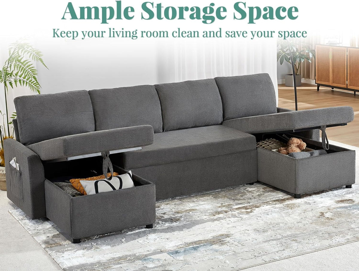 White Sherpa Sleeper Sofa with Storage Chaise O564