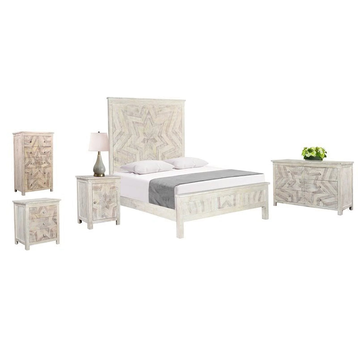 White Solid Wood King Panel Bed P5138