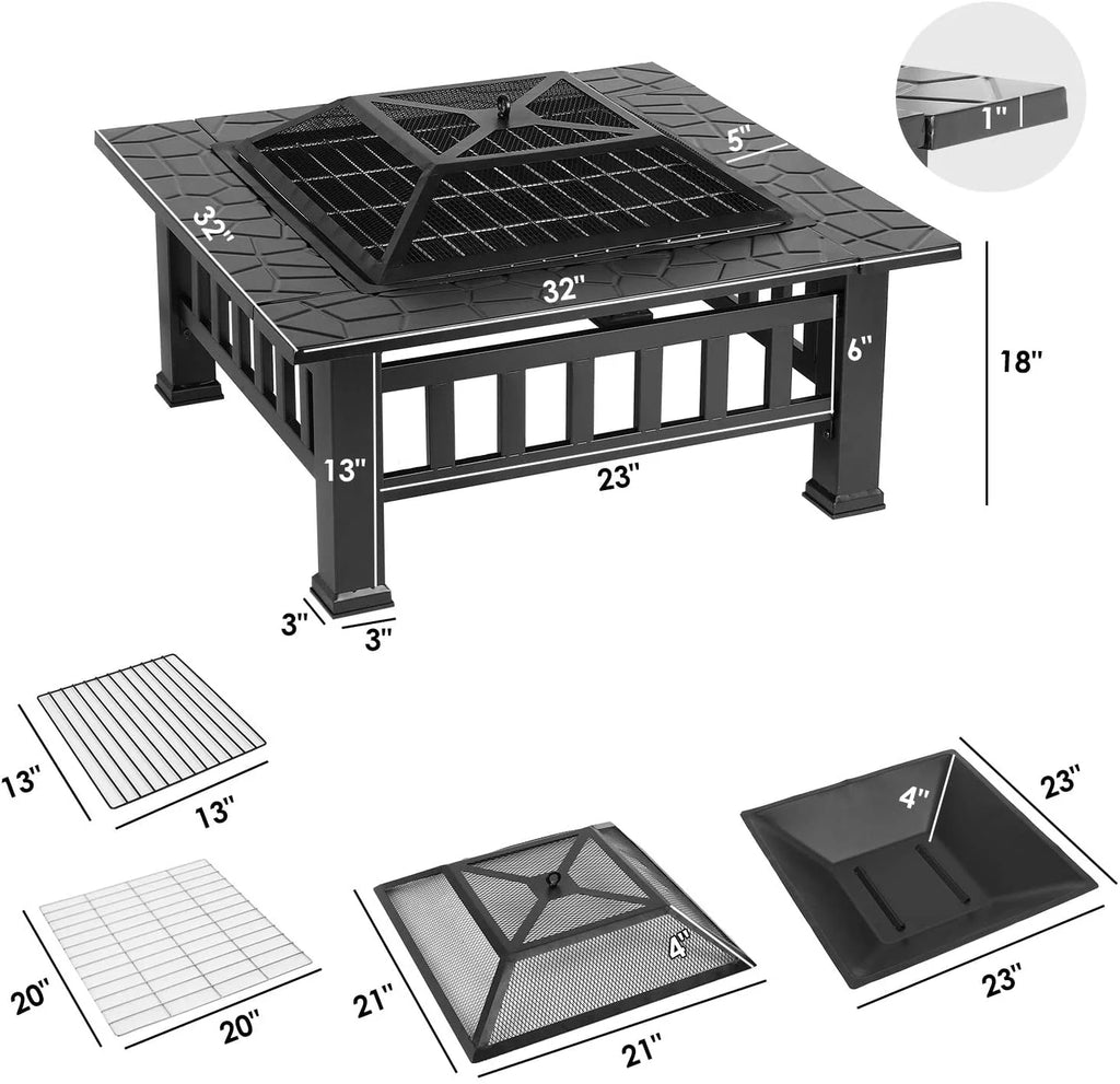 Steel 32'' Square Wood Burning Fire Pit E868538