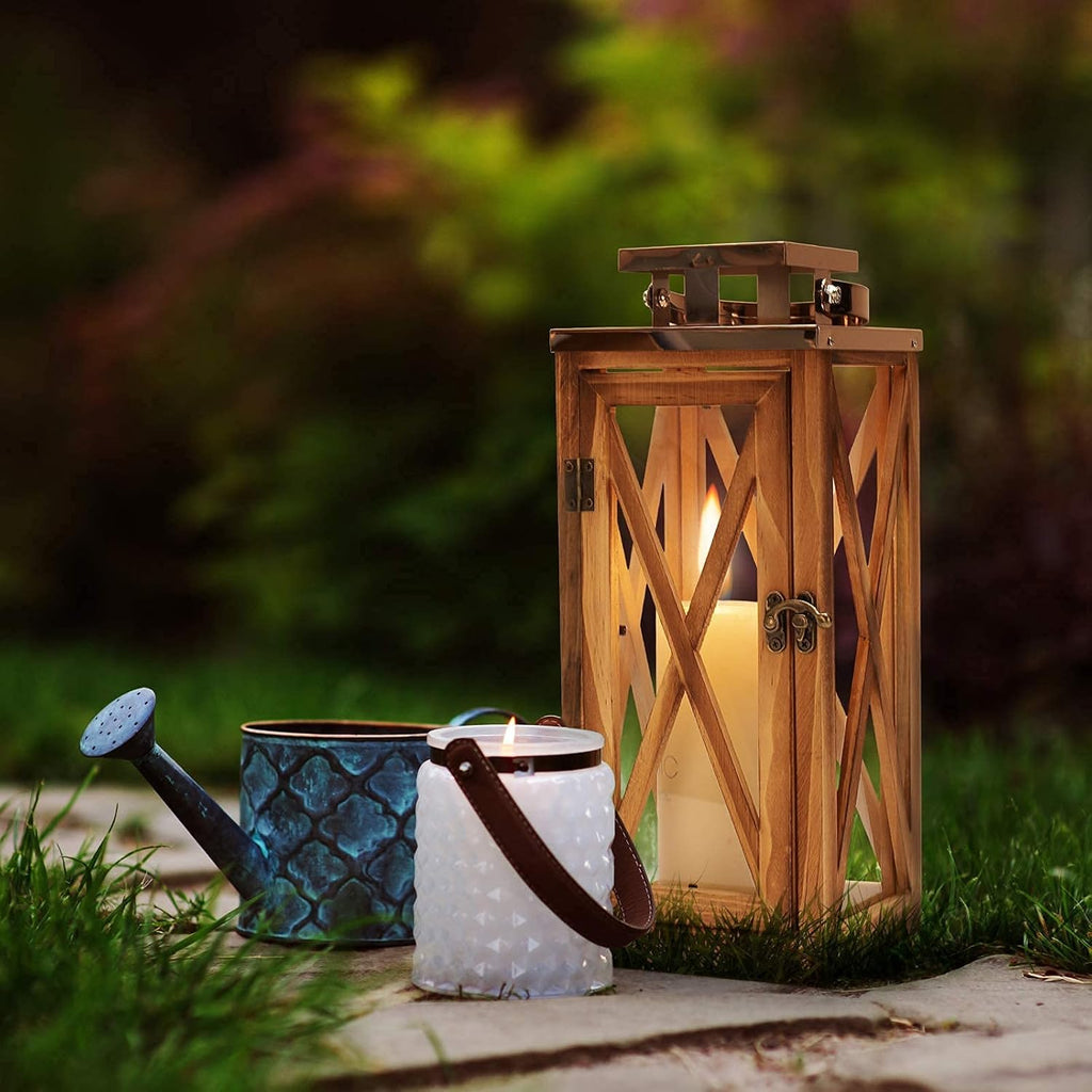 Wooden Candle Lantern with Stainless Top and Glass I996341
