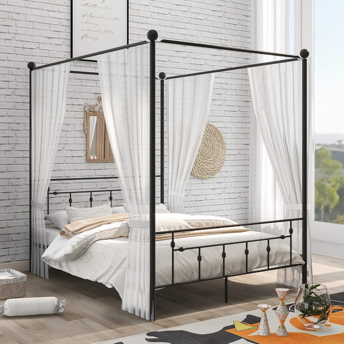 Queen Size Metal Canopy Bed Frame with Headboard Z245
