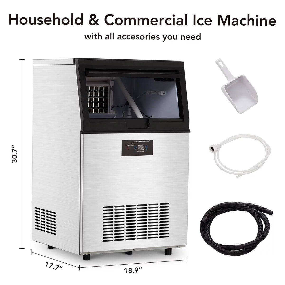 Commercial Ice Machine 130lbs/24H Stainless Steel 44lbs Ice Storage A229