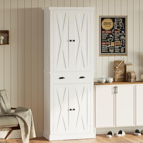 White Kitchen Pantry Storage Cabinet with Barn Doors, Drawer, 4 Adjustable Shelves W300394