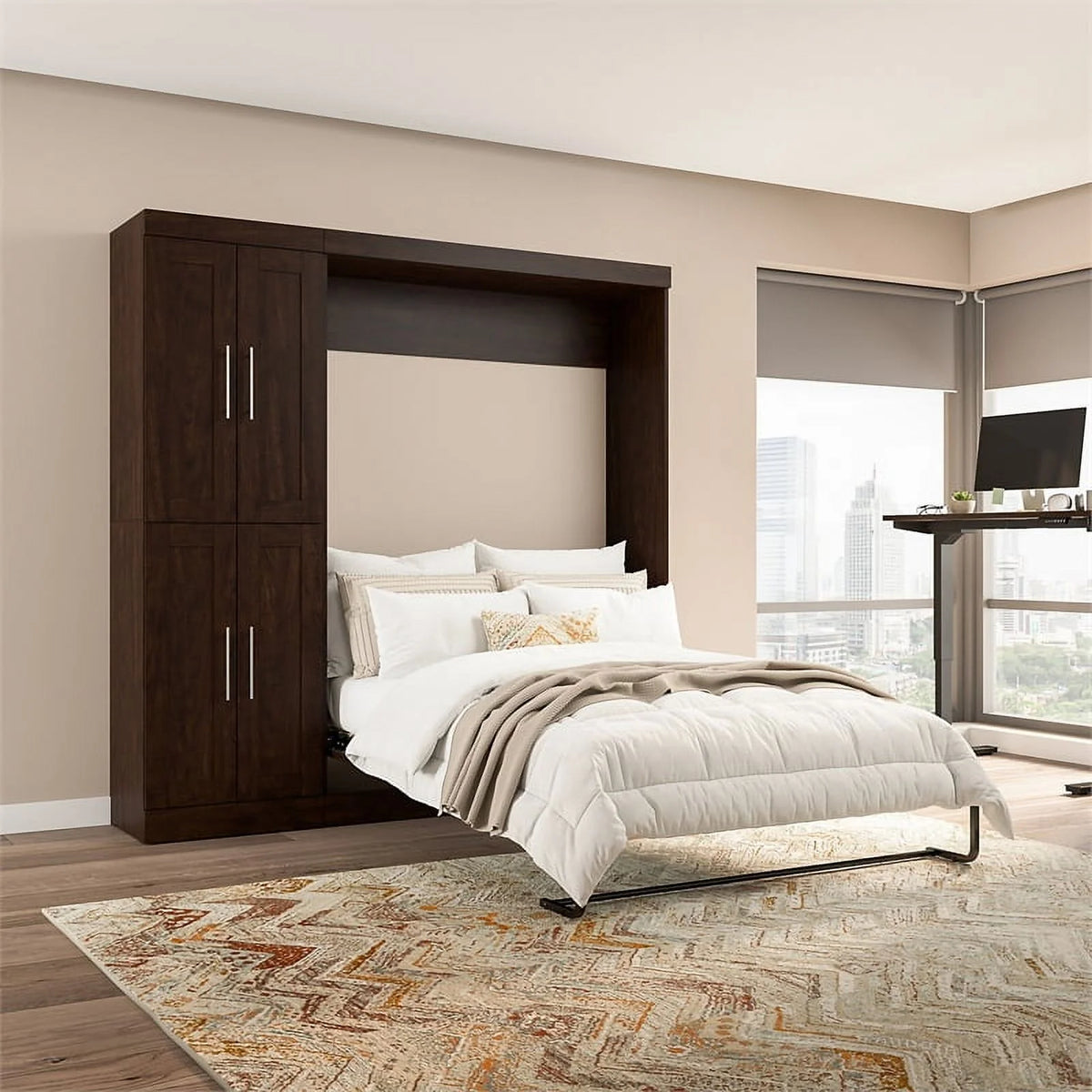 Chocolate Engineered Wood Full Murphy Bed with Closet Organizer C6949