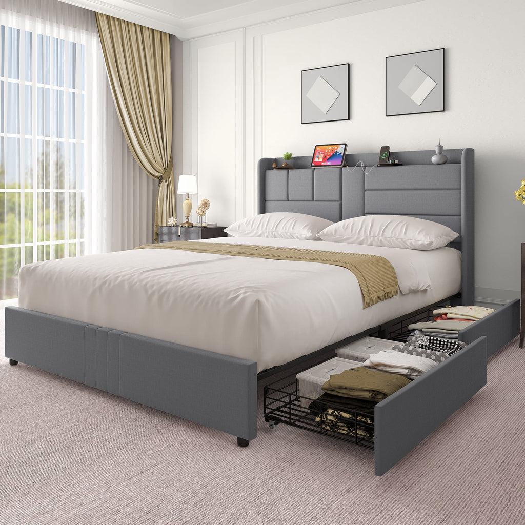 Queen Size Upholstered Platform Bed with Storage Drawers R5934