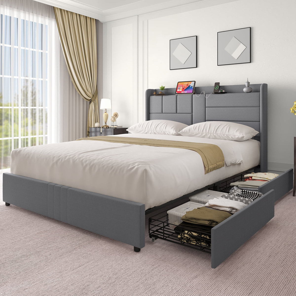 Queen Size Upholstered Platform Bed with Storage Drawers R5934