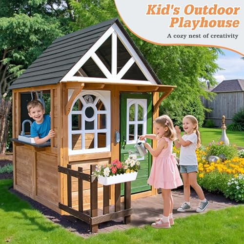 Cedar Gray Wooden Kids Playhouse with Play Kitchen W2941