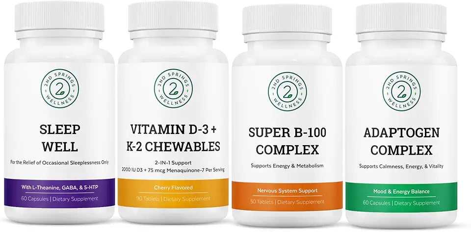 Vitamin D3+K2 Chewables, Super B-100 Complex, Sleep Well & Adaptogen Complex H3011