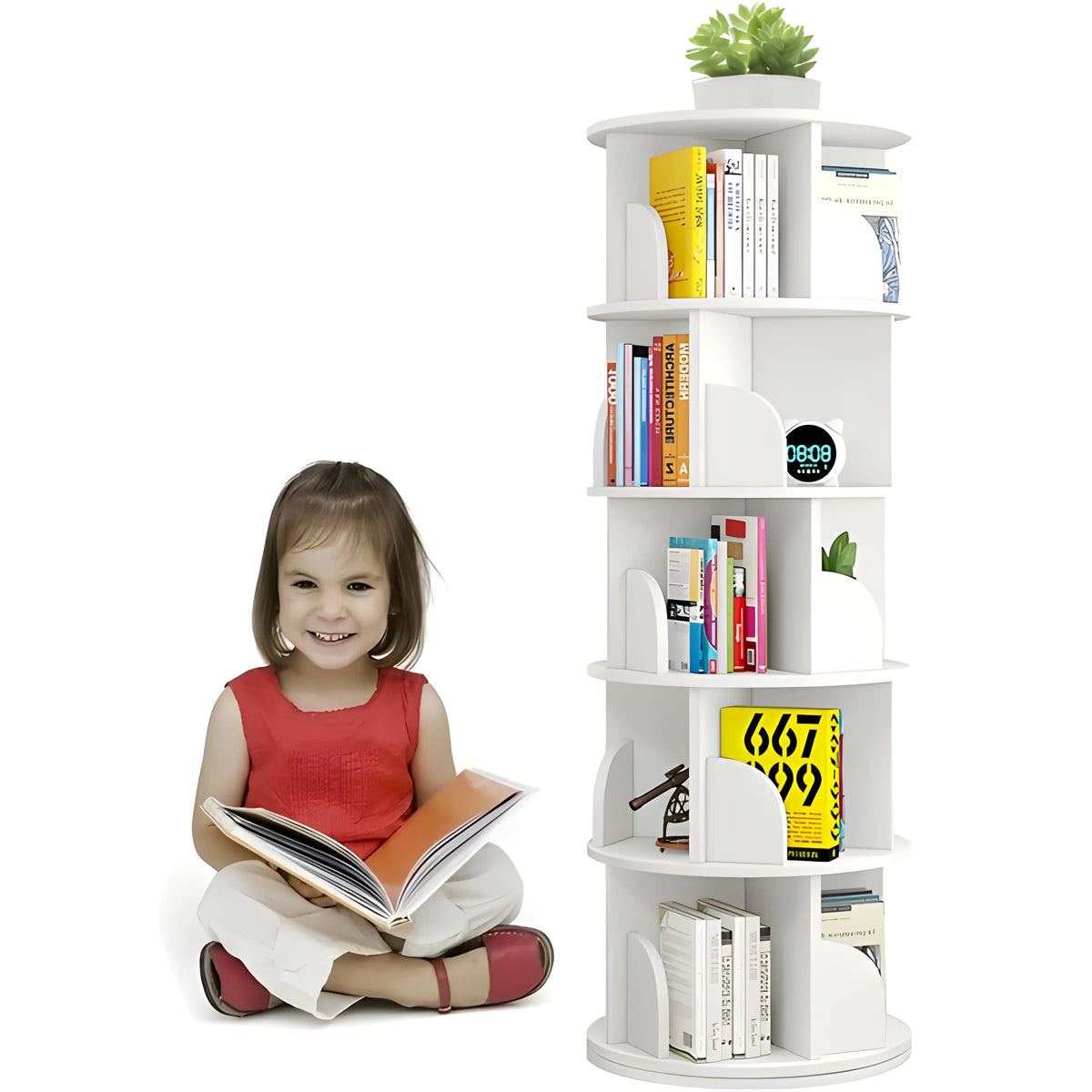 5 Tier 360° Rotating White Wood Bookshelf I4853