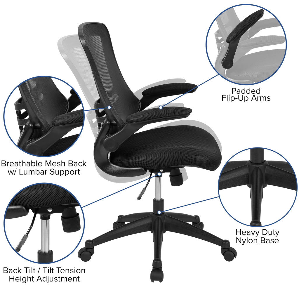 Black Mesh Swivel Ergonomic Task Office Chair with Flip-Up Arms B348