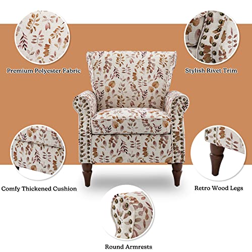 Blue Floral Pattern Upholstered Accent Chair with Wood Legs I214