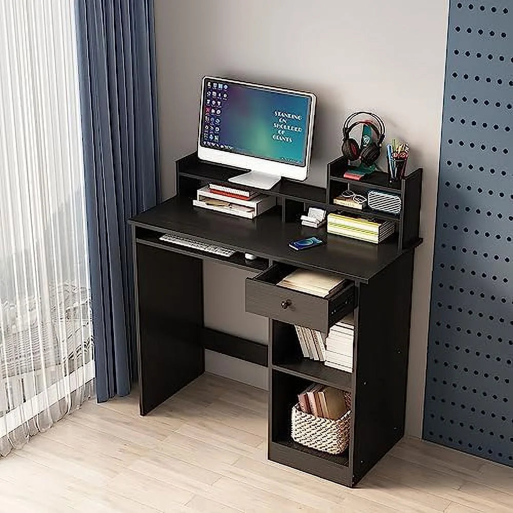 White Wood Computer Desk with Drawers and Keyboard Tray M57030