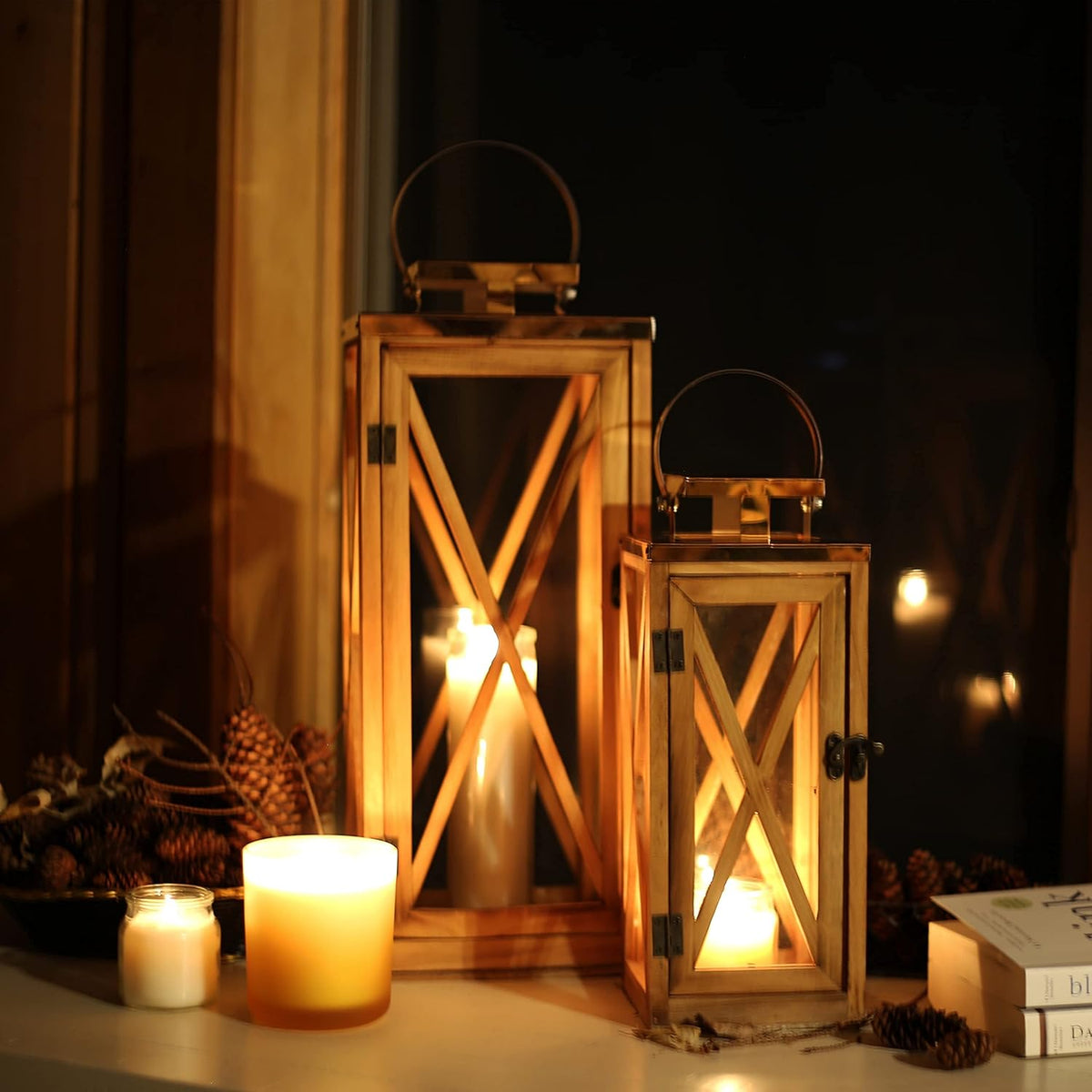 Wooden Candle Lantern with Stainless Top and Glass I996341