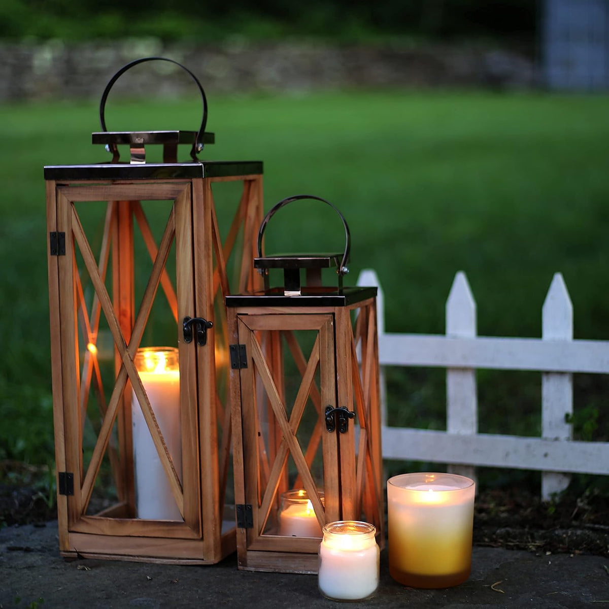 Wooden Candle Lantern with Stainless Top and Glass I996341