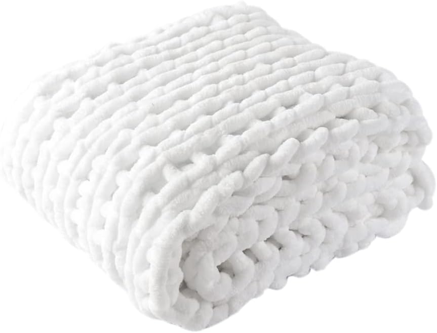 White Oversized Chunky Knit Chenille Blanket C738