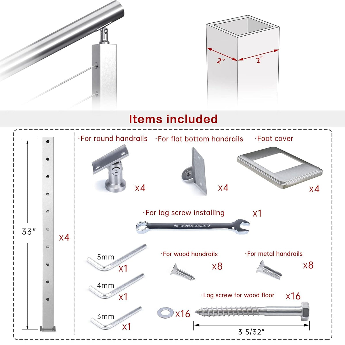 4 Pack Stainless Steel Cable Railing Post O875707