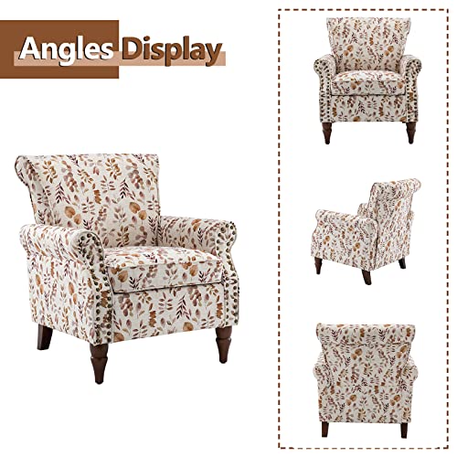 Blue Floral Pattern Upholstered Accent Chair with Wood Legs I214
