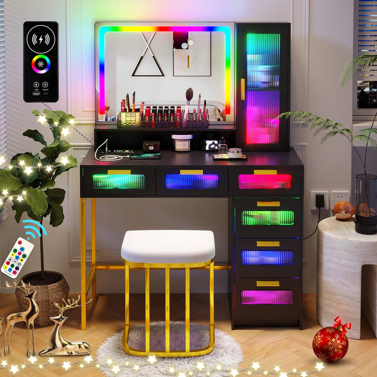 Black Vanity Set with 6 Drawers and Stool F5511
