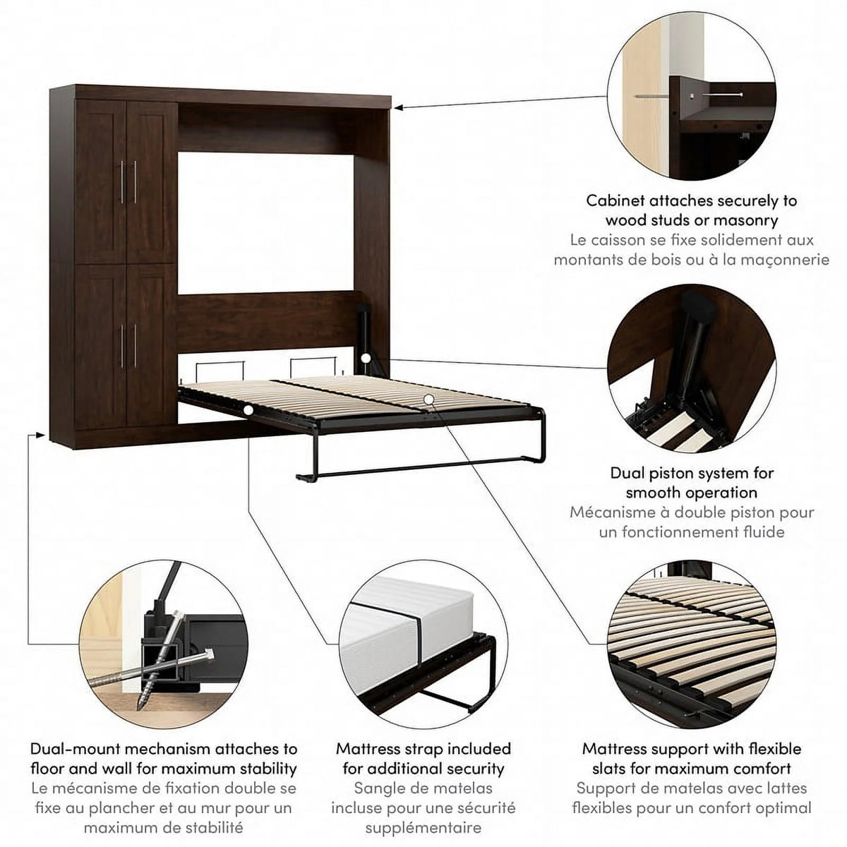 Chocolate Engineered Wood Full Murphy Bed with Closet Organizer C6949