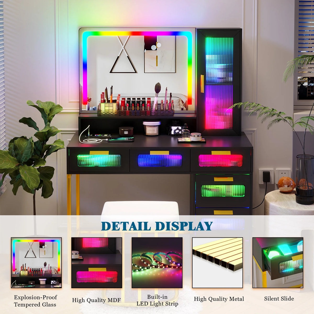 Black Vanity Set with 6 Drawers and Stool F5511