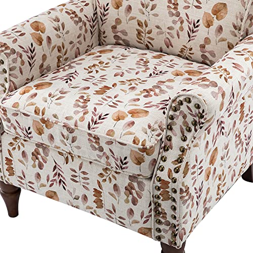 Blue Floral Pattern Upholstered Accent Chair with Wood Legs I214