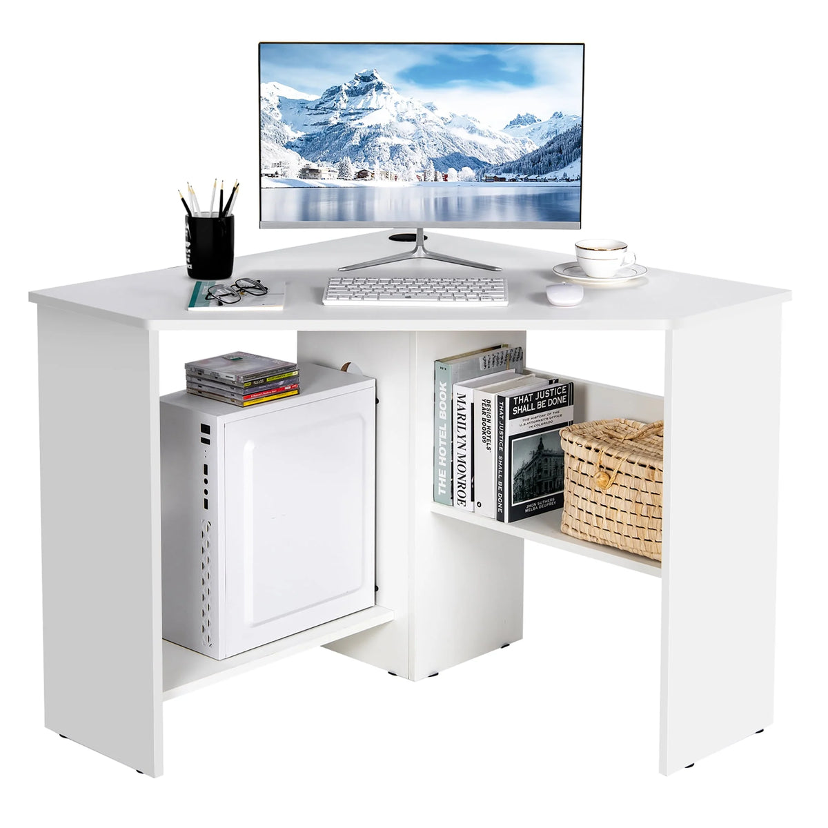 Corner Computer Desk with Storage Shelf White P26145