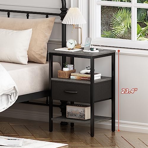 Rustic Brown and Black Nightstand with Charging Station E7839