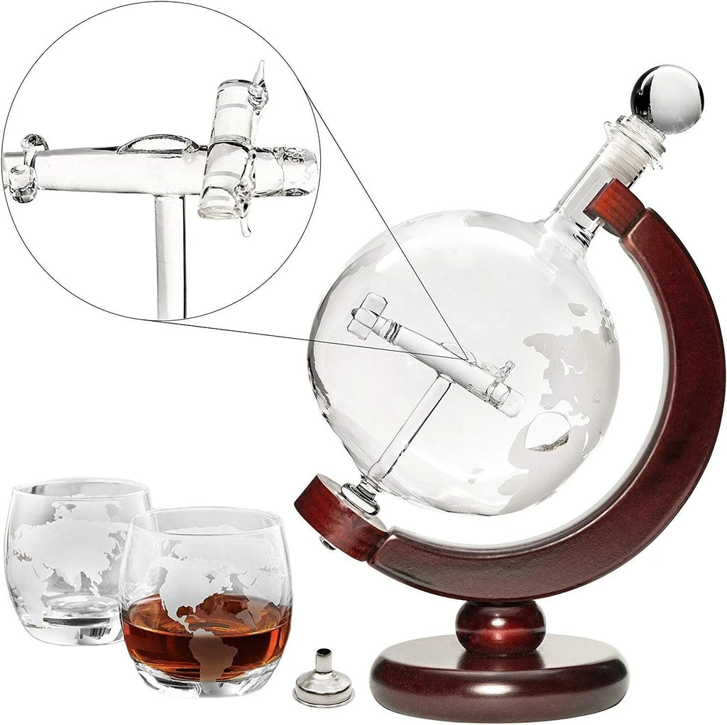 50 Oz Handmade Etched Globe Decanter Set with Wooden Stand and 2 Glasses N464