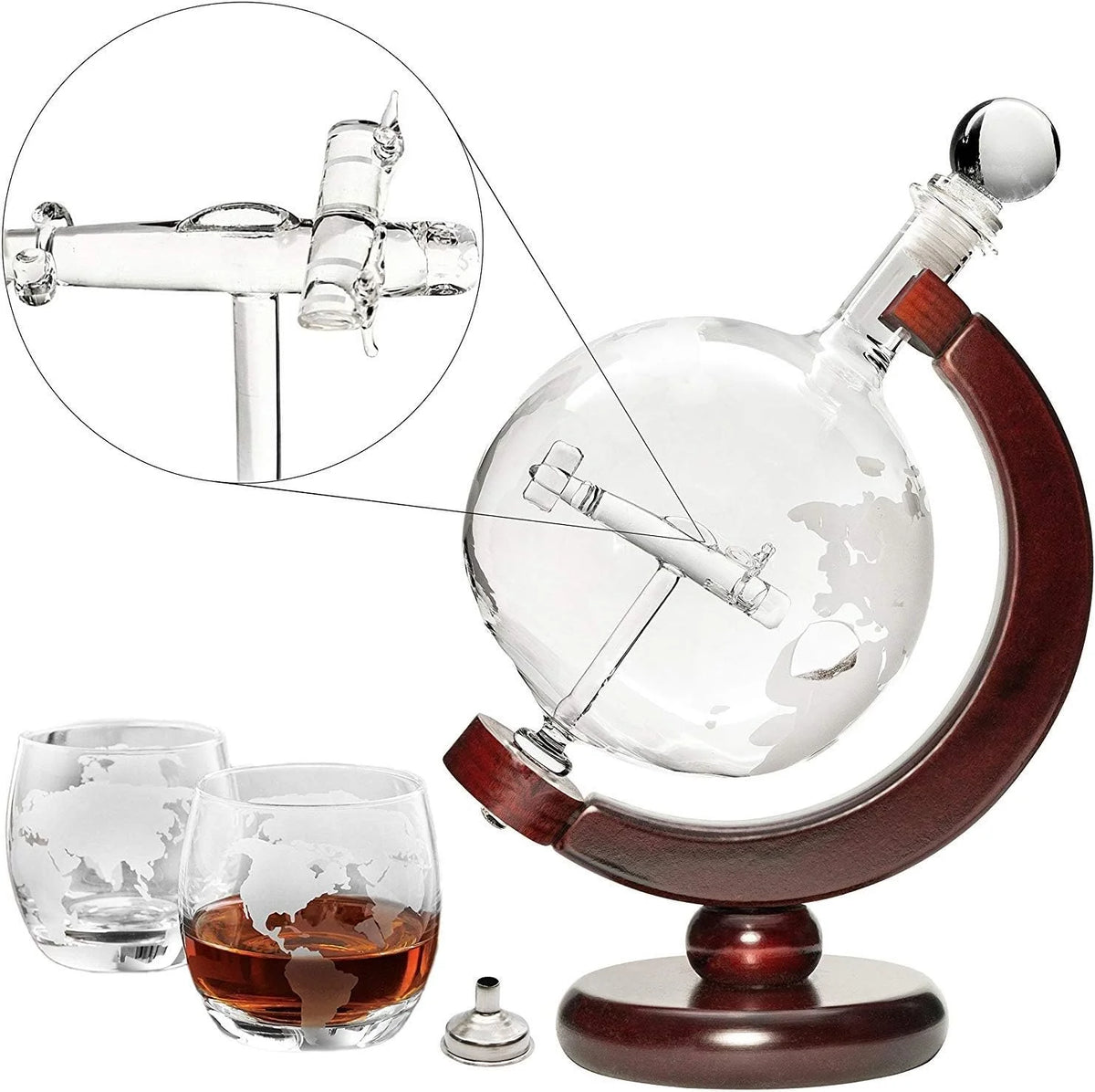 50 Oz Handmade Etched Globe Decanter Set with Wooden Stand and 2 Glasses N464