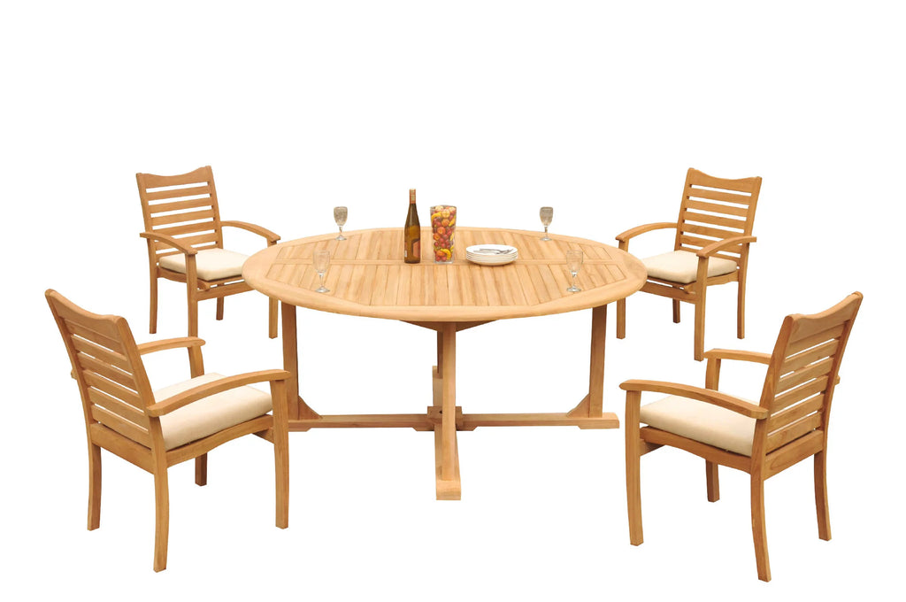 Teak 5 Pc Dining Set with 72" Round Table and 4 Stacking Arm Chairs K605721