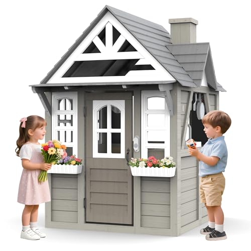 Cedar Gray Wooden Kids Playhouse with Play Kitchen W2941