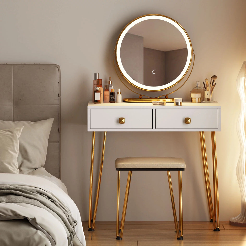 White Vanity Dressing Table with Round Mirror E439636