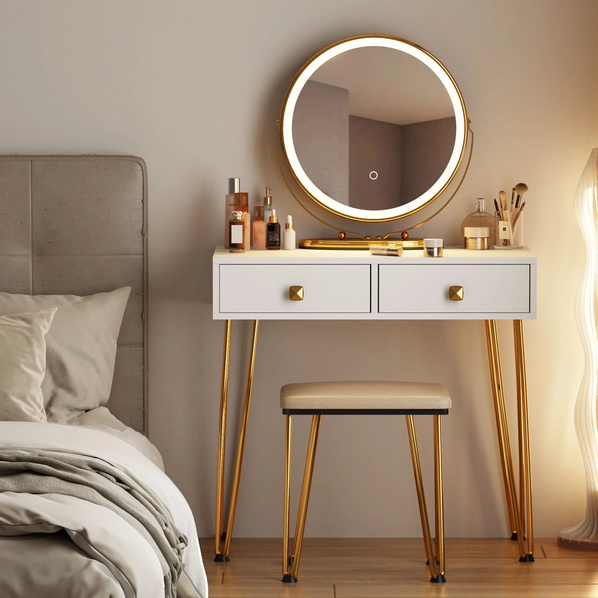 White Vanity Dressing Table with Round Mirror E439636