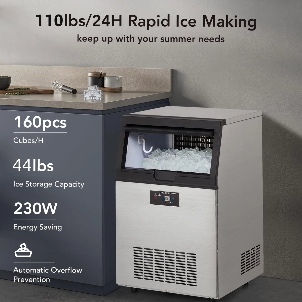 Commercial Ice Machine 130lbs/24H Stainless Steel 44lbs Ice Storage A229