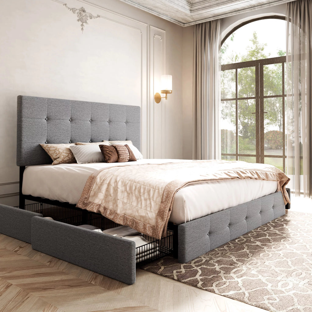 Light Grey Queen Platform Bed Frame with 4 Drawers Storage N206