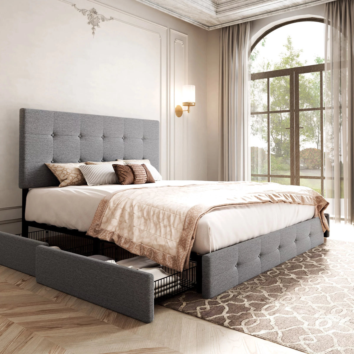 Light Grey Queen Platform Bed Frame with 4 Drawers Storage N206