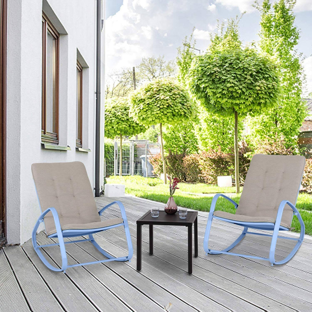 Blue 3PC Patio Rocking Chairs & Metal Side Table V9652