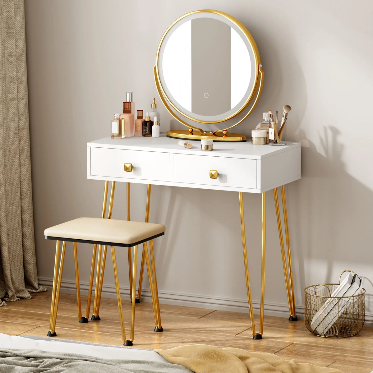 White Vanity Dressing Table with Round Mirror E439636