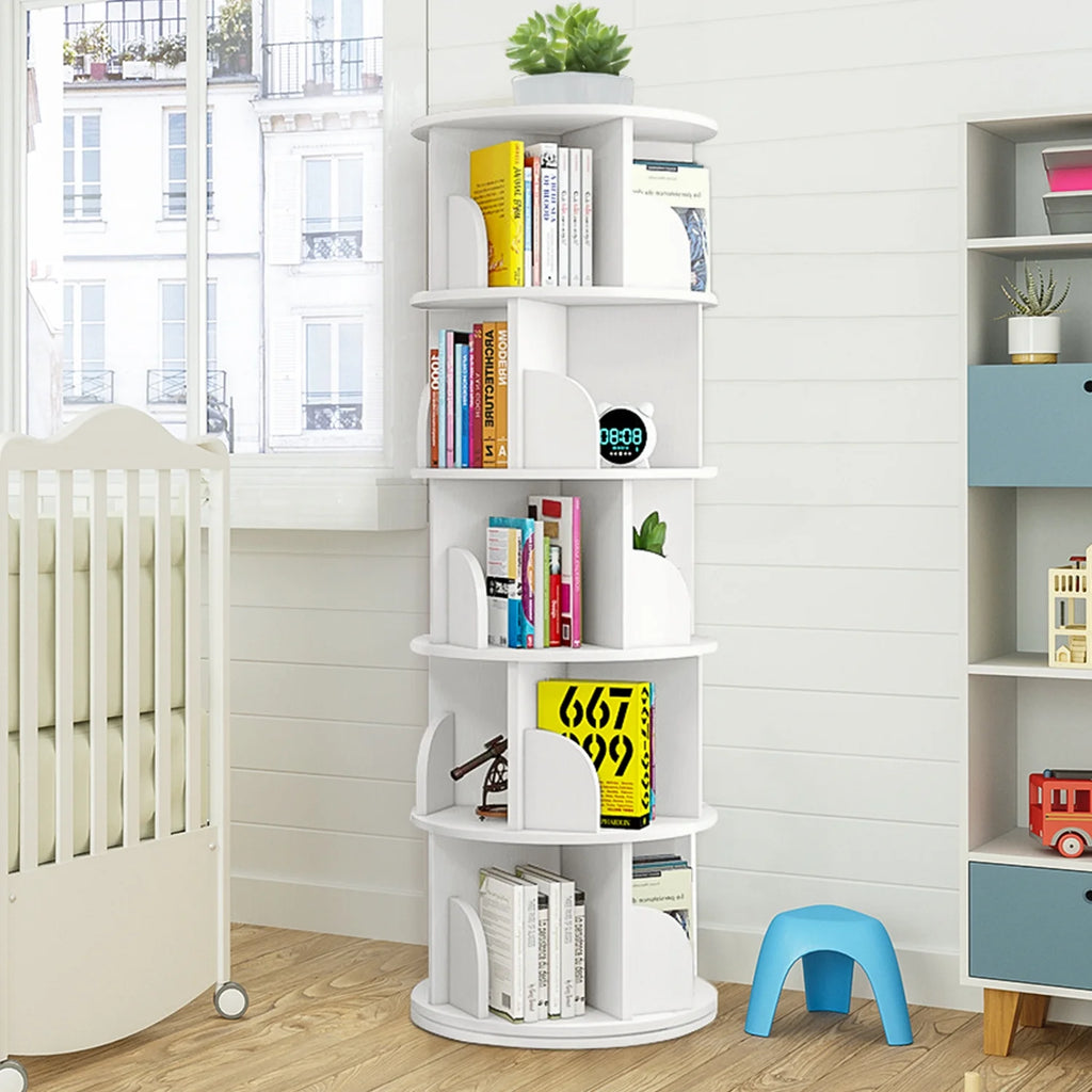 5 Tier 360° Rotating White Wood Bookshelf I4853